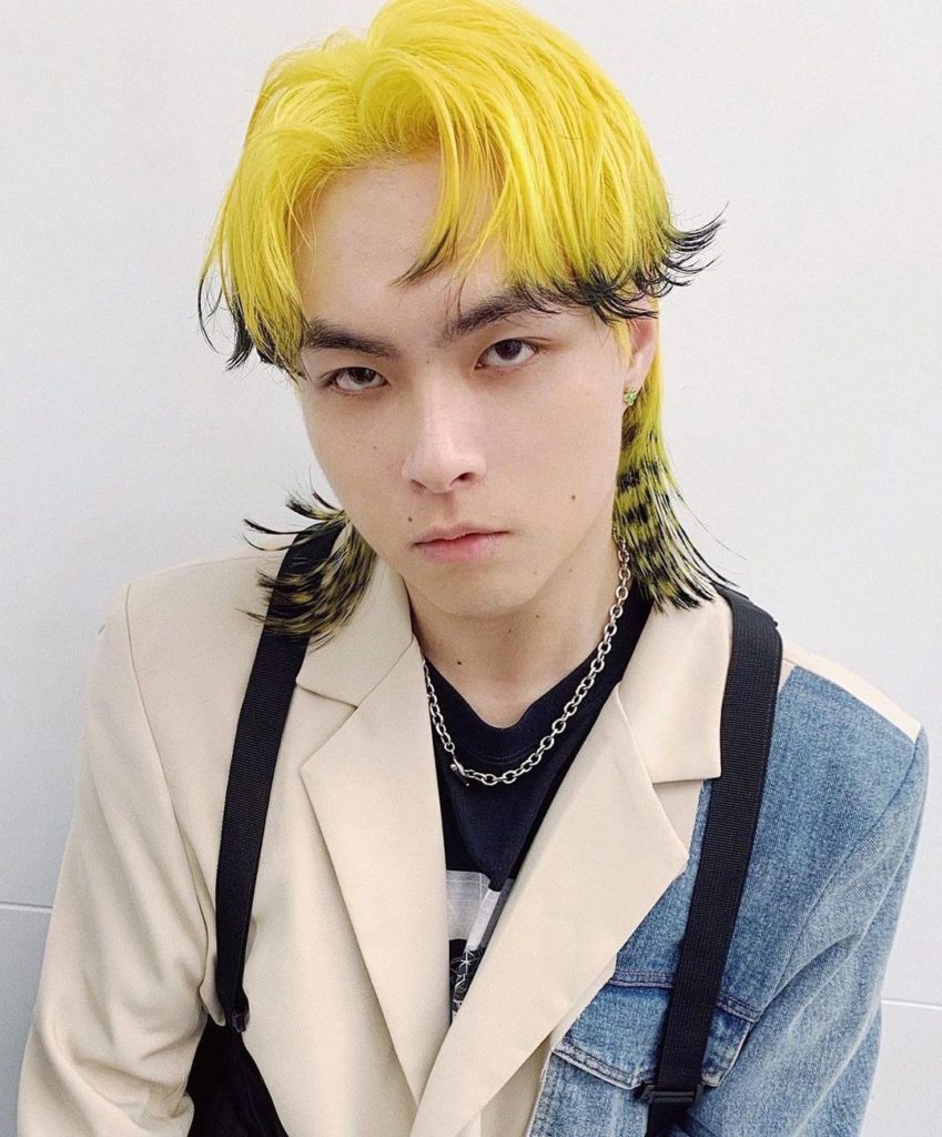 neon yellow shoulder length hair mullet
